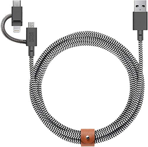 Native Union Belt Cable Universal - 6.5ft Ultra-Strong Reinforced [MFi Certified] Durable Charging Cable with 3-in-1 Adaptor for Lightning, USB-C and Micro-USB Devices (Zebra) - color: Zebra