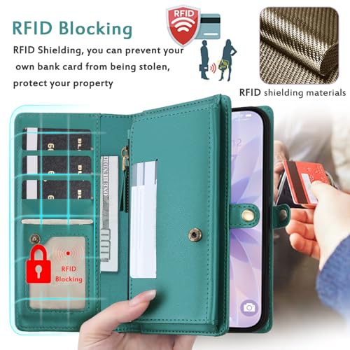 for Wallet Case Compatible with iPhone 17 Pro,Multi-Function Detachable 2 in 1 Magnetic iPhone 17 Pro Case Wallet,Flip Strap Zipper Card Holder Phone Case with Shoulder Straps (Green) - color: Green, size: iPhone 17 Pro
