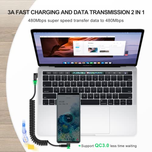 aceyoon USB to USB C Cable, 90 Degree Right Angled Coiled Fast Charging Cable QC 3.0 (1-2.5ft) 60W Short Android Auto USB C Charging Cable - color: 1 Pack