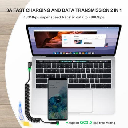 aceyoon USB to USB C Cable, 90 Degree Right Angled Coiled Fast Charging Cable QC 3.0 (1-2.5ft) 60W Short Android Auto USB C Charging Cable - color: 1 Pack