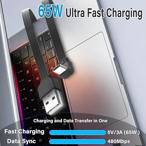 Right-Angle USB-C to USB-A Flat Cable,PD 65W USB-C Cable for Fast Charging Flat 90-Degree Type-C to A Short CableCompatible with Phone 15/16,Galaxy S21/S22/S23,Power Bank,etc.-0.5M/1.6Ft