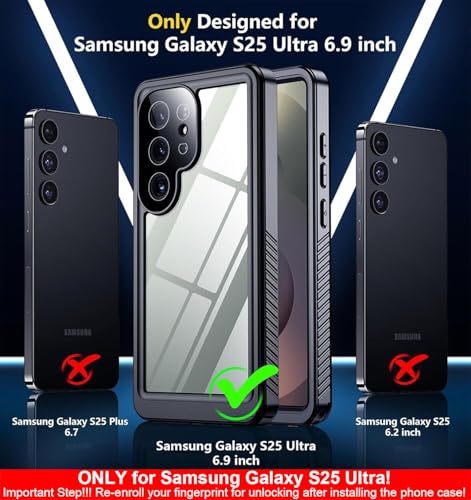 SPIDERCASE Only for Samsung Galaxy S25 Ultra Case Waterproof, Built-in Screen & Camera Lens Protector[IP68] [Military Grade Shockproof] Full Protection Only for S25 Ultra 6.9”, Black/Clear