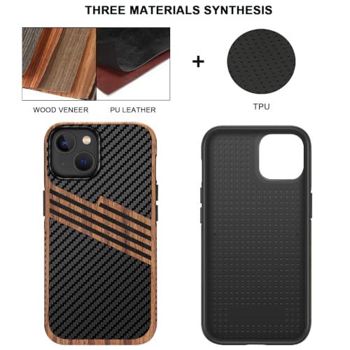 TENDLIN Compatible with iPhone 14 Case Wood Grain with Carbon Fiber Texture Design Leather Hybrid Slim Case (Three Stripe) - color: Three Stripe, size: iPhone 14
