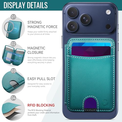 HXY for Magsafe Wallet Magnetic Card Holder RFID Blocking with Stand, 6 Card Holder for Phone Case, Slim Leather Magnetic Wallet for iPhone 17/16/15/14/13/12 Pro/Max/Plus (Teal) - color: Teal