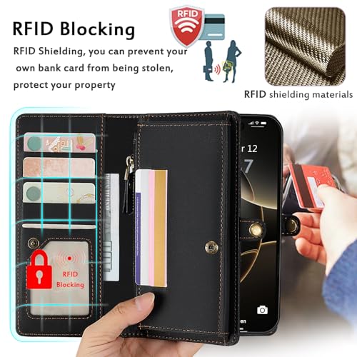 for Wallet Case Compatible with iPhone 16 Pro,Multi-Function Detachable 2 in 1 Magnetic iPhone 16 Pro Case Wallet,Flip Strap Zipper Card Holder Phone Case with Shoulder Straps (Black) - color: Black, size: iPhone 16 pro