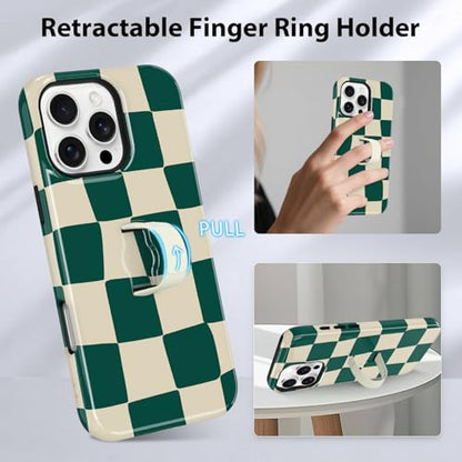 KANGHAR Compatible with iPhone 16 Pro Case Checkered -Green White | Silicone Cute Pattern, Finger Hold Wristband Kickstand Camera Protection Soft Slim Phone Case for Girls Women - color: (Checkered)Green White, size: iPhone 16 Pro