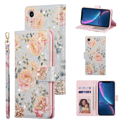 UEEBAI Wallet Case for iPhone XR, PU Leather Phone Case Kickstand RFID Blocking Flip Case with Card Slots Wrist Strap Relief Engraved Pattern Magnetic Closure Folio Case - Purple Rose - color: Purple Rose