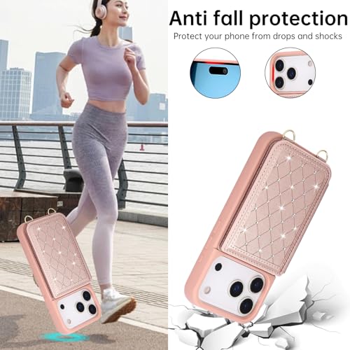 for iPhone 17 Pro Max Wallet Case with Card Holder Slots and Strap, RFID Blocking Magnetic Flip Folio Cover, Crossbody Purse Protection Case with Kickstand,Rose Gold Diamond - color: Rose Gold Diamond, size: iPhone 17 Pro Max(6.9")