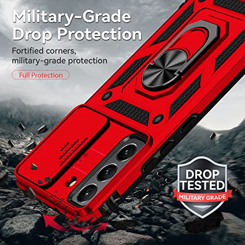 for Samsung Galaxy S22 Case with Camera Lens Cover HD Screen Protector, Dual Layer Military-Grade Drop Tested Magnetic Ring Holder Kickstand Protective Phone Case for Samsung Galaxy S22 5G (Red) - color: Red with camera cover Military-Grade 2nd gen