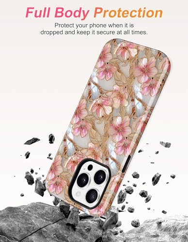Magnetic Flower Phone Case for iPhone 15, Pink White | Compatible with MagSafe, Cute Stained Glass Peach Floral Aesthetic, TPU and PC Protective Phone Cover for Women Girls - color: Pink White Peach
