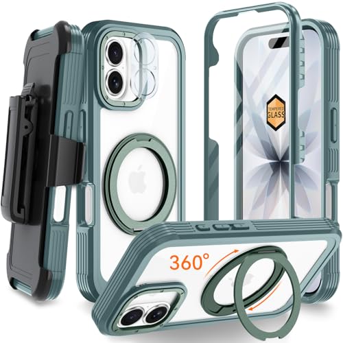 Magnetic for iPhone 17 Case, Compatible with MagSafe, Full Body Rugged Case with Built-in Screen Protector & Kickstand & Belt-Clip (Green) - color: Green