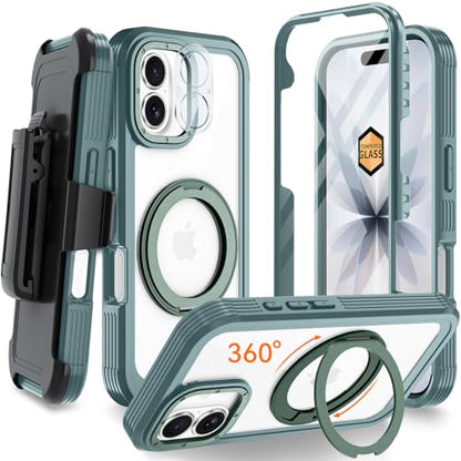 Magnetic for iPhone 17 Case, Compatible with MagSafe, Full Body Rugged Case with Built-in Screen Protector & Kickstand & Belt-Clip (Green) - color: Green