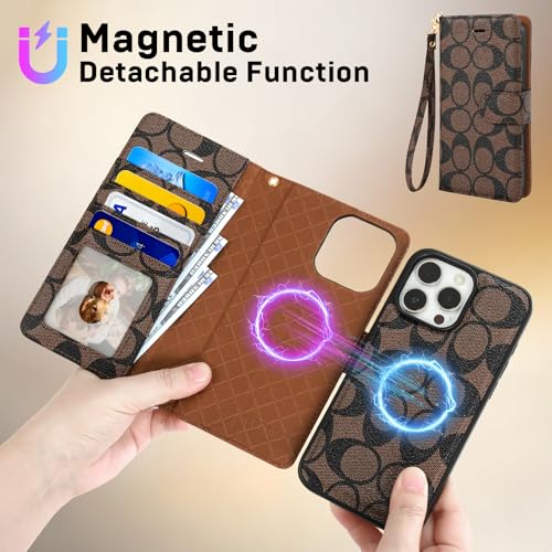 Luxury Designer Wallet Case for iPhone 16 Pro Max, Magnetic Detachable Cover with Card Slots, Kickstand, Wrist Strap, Smartish PU Leather, 6.9 Inch,Brown