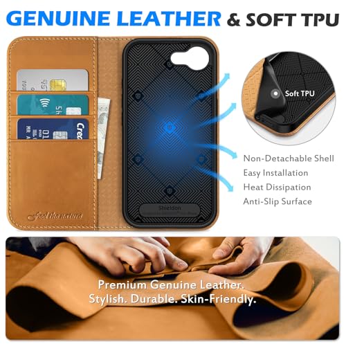 SHIELDON Genuine Leather Case Wallet for iPhone 17e/16e, Retro Light Brown | Flip Magnetic Cover, RFID Blocking, Credit Card Holder, Kickstand, Book Design, Shock-Absorbent Phone Cover - color: Retro Light Brown