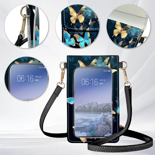 for Women Cell Phone Purse,with Touchscreen Cell Phone Purse,PU Leather Shoulder Bag Waterproof Phone Wallet Case with Clear Touch Screen Window up to 6.7 inch Smartphone, - color: Gold Blue Butterfly-119