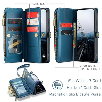 Defencase for Samsung Galaxy S25 Wallet Case with RFID Card Holder, Blue | Durable Soft PU Leather, with Zipper Pocket, Wrist Strap, Fashion Snap Flip S25 Phone Cases Cover with Stand for Women Men - color: Dark Blue