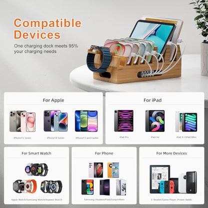Bamboo Charging Station with 5-Port USB Charger & 5 Cables-Natural Bamboo - color: #2 (Dock+Cables+Adaptor)