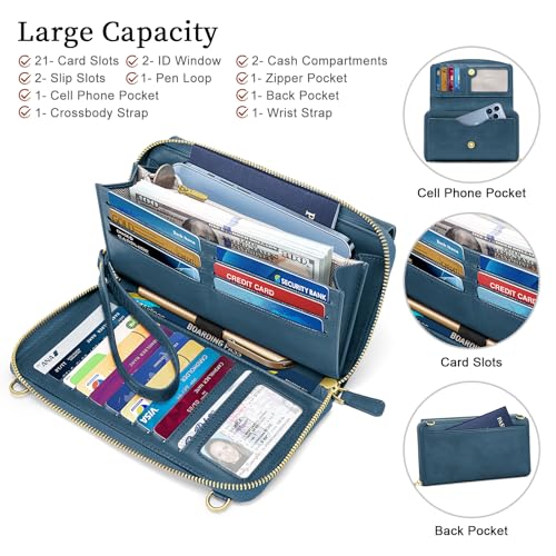 Peacocktion Womens Crossbody Wristlet Wallets with Cell Phone Pocket RFID Vegan Leather Cross Body Purses Travel - color: 04-dark Blue