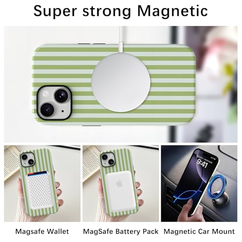Skyseaco Compatible with iPhone 15 Case with MagSafe, Cute Striped Phone Case for Women Girls, Soft TPU + Hard PC Dual Layer Shockproof Glossy Protective Cover, Sage Green - color: Sage Green, size: iPhone 15