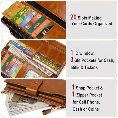 YALUXE Women's Real Leather Wallet RFID Protect 21 Card Slots Phone Pocket - color: 1- Waxed Brown, size: Genuine Leather