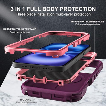 YKHJKLEC for iPhone 16 Case, Military Grade 3 in 1 Heavy Duty Shockproof/Drop Proof/Dust Proof with Kickstand Case, with 2 x Tempered Glass Screen Protector & 1 x Wrist Strap (ZJ-Purple/Pink) - color: ZJ-Purple/Pink