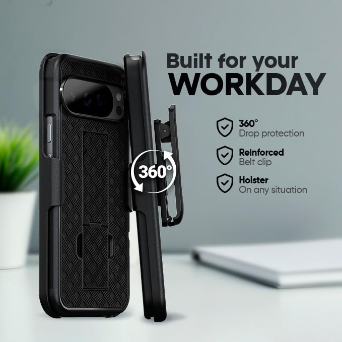 MOTIVE for Google Pixel 10 Pro XL Case with Belt Clip, Kickstand | 6.8" | Ranger v1 Series, Black, 360° rotating holster, open-top/open-bottom port access, textured grip, slim design, field-ready - size: Pixel 10 Pro XL