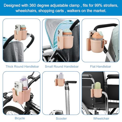 Accmor Stroller Cup Holder with Phone Holder, Bike Cup Holder, Universal Cup Holder for Uppababy Nuna Strollers, 2-in-1 Drinks Holder for Walker, Wheelchair, Scooter - color: All Pink