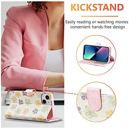 UEEBAI Wallet Case for iPhone 15, PU Leather Phone Cover Kickstand RFID Blocking Flip Case Card Slots Wrist Strap Relief Engraved Pattern Magnetic Closure Flower Folio Wallet, White Daisy - color: White Daisy, size: iPhone 15