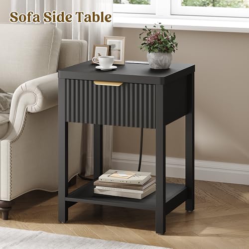 Night Stand Set 2, Fluted Wood Nightstands w/Charging Station for Bedroom - color: Black, size: 1 Drawer-Set of 2 Nightstand
