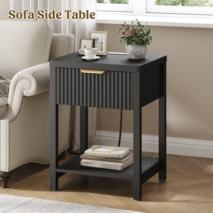 Night Stand Set 2, Fluted Wood Nightstands w/Charging Station for Bedroom - color: Black, size: 1 Drawer-Set of 2 Nightstand