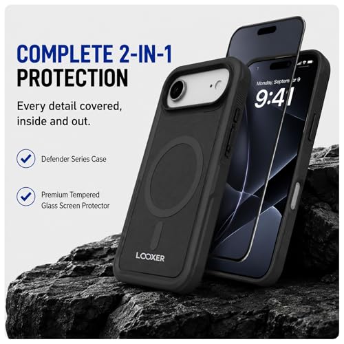 LOOXER® Heavy Duty Rugged Magnetic Case for iPhone 17 Air (6.5”) | Military Grade Shockproof Protection,MagSafe Compatible+ Tempered Glass Included (Black, 17 Air) - color: Black, size: 17 Air