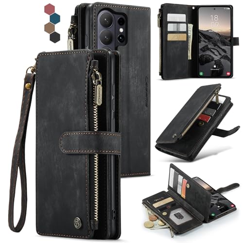 Compatible with Samsung Galaxy S26 Ultra Wallet Case with Card Holder Kickstand Magnetic Zipper Pocket Lanyard Strap Wristlet,Leather Flip Case Wallet for Galaxy S26 Ultra 6.9 Inch (Black) - color: Black, size: S26 Ultra 6.9 Inch