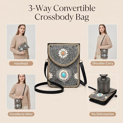 Small Crossbody Bags for Women, Cell Phone Shoulder Bag Boho Wallet Purse - color: Silver Gypsy