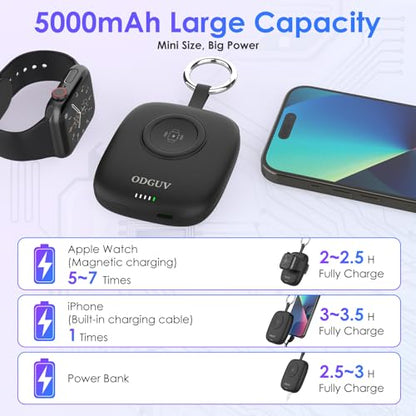 Small Portable Charger 5000mAh,iWatch Wireless Charger Mini Power Bank with Built-in Cable,Travel Keychain Charger for Apple Watch 11/10/9/8/Ultra/7/6/Se/5/4,iPhone 17/16/15/14/13/12,Android Phone - color: Black