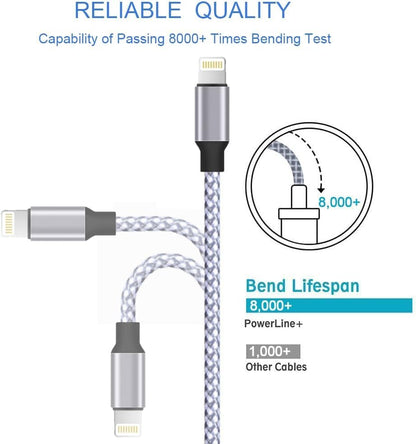 iPhone Charger, Lightning Cable 3PACK 6FT MFi Certified USB Charging Cord - color: white, grey
