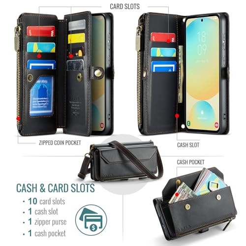 for Samsung Galaxy S24 FE Wallet Case with Card Holder, Black | RFID Blocking Slots, Crossbody Lanyard, Wrist Strap, Zipper Pocket Purse Handbag, Magnetic Closure - color: Black, size: Galxay S24 FE