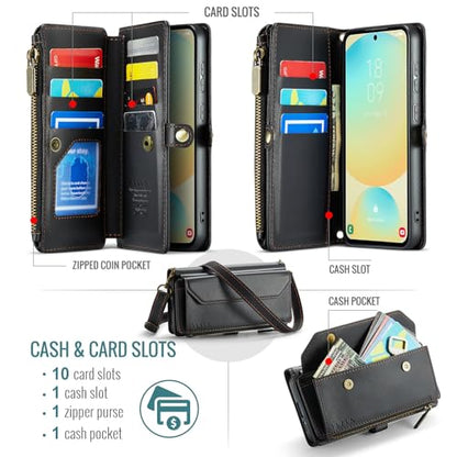 for Samsung Galaxy S24 FE Wallet Case with Card Holder, Black | RFID Blocking Slots, Crossbody Lanyard, Wrist Strap, Zipper Pocket Purse Handbag, Magnetic Closure - color: Black, size: Galxay S24 FE