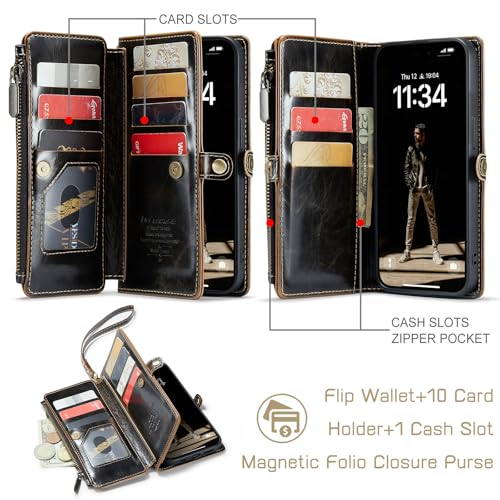 Defencase for iPhone 14 Plus Wallet Case with RFID Card Holder, Coffee | Durable Soft PU Leather, with Zipper Pocket, Wrist Strap, Fashion Snap Flip Phone Cases Cover with Stand for Women and Men - color: Coffee