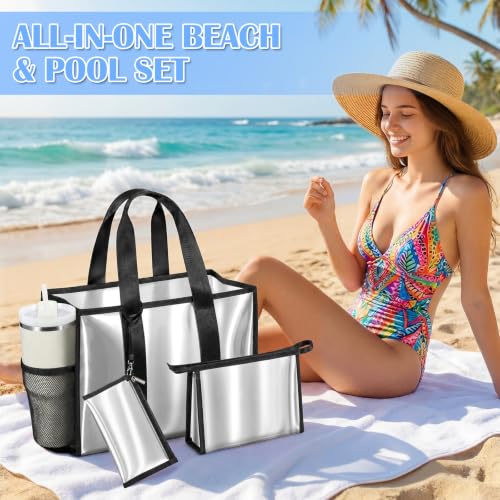 3-Piece Iridescent Beach Bag Set for Women, Large PVC Pool Bag Set | Includes Summer Beach Tote, Cosmetic Bag and Touchscreen Phone Pouch for Pool, Travel and Vacation - color: Silver