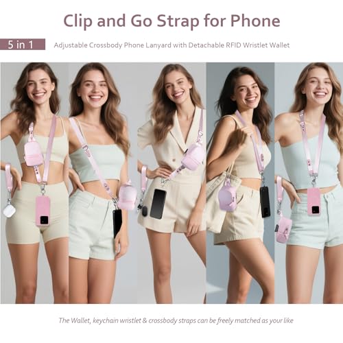 Clip and Go Strap for Phone with Wallet Crossbody Cell Phone Lanyard Suitable for Keys Bank Cards Headphones - color: Pink