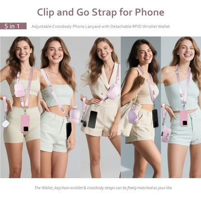 Clip and Go Strap for Phone with Wallet Crossbody Cell Phone Lanyard Suitable for Keys Bank Cards Headphones - color: Pink