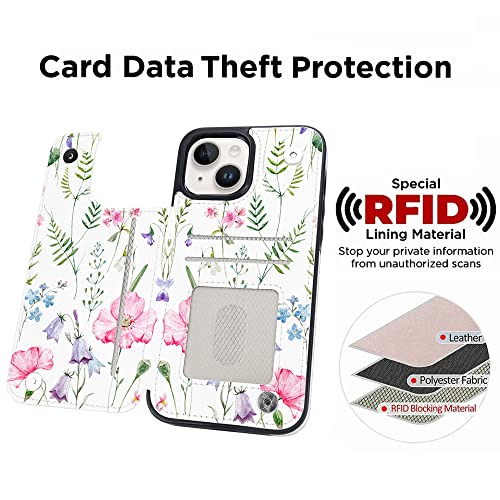 uCOLOR for iPhone 13/14 Wallet Case with Card Holder Pink Flowers | PU Leather RFID Blocking for Women Men Magnetic Clasp Kickstand - color: Pink Flowers
