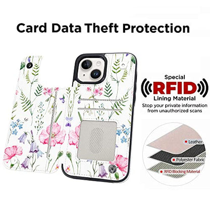 uCOLOR for iPhone 13/14 Wallet Case with Card Holder Pink Flowers | PU Leather RFID Blocking for Women Men Magnetic Clasp Kickstand - color: Pink Flowers