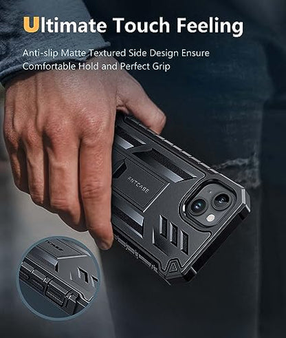 FNTCASE for iPhone 15 Plus Case, Built-in Screen Protector, Kickstand Black | Military-Grade Drop Protection, Anti-Slip Matte Textured, Rugged Heavy Duty Shockproof TPU Protective Cover - color: Black