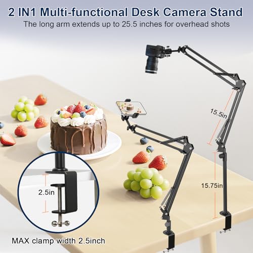 Overhead Camera Mount,Camera Desk Mount with 360° Adjustable Arm and Phone Holder,Max Load-Bearing 5lb,Desk Clamp Stand for Content Creation and Live Streaming,DSLR,Webcam,Mic,Ring Light