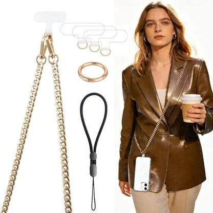 Crossbody Phone Strap Detachable Cell Phones Lanyard Chain Shoulder Neck with Wrist Strap Charm Finger Grip 3 Patches Tether Anti Theft Universal for iPhone 17 16 Pro Max 15 14 Samsung Gold - color: N-gold