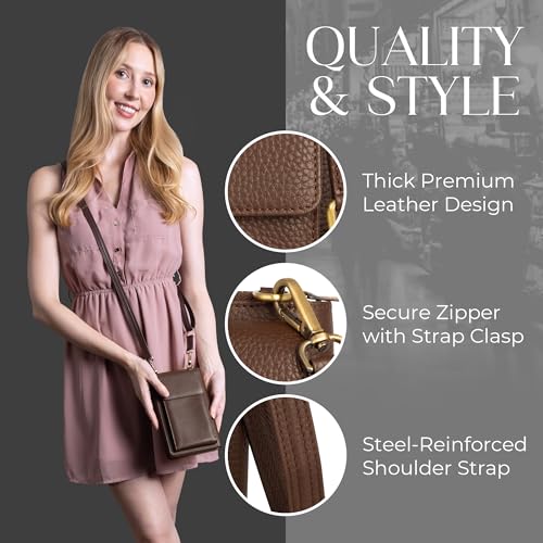 BULL GUARD Crossbody Bag for Women, Leather Phone Wallet Purse with Adjustable Anti Theft Strap & RFID Blocking 12 Card Slots - color: Xtraroom in Dark Brown Goddess Delight