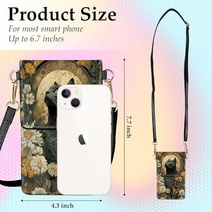 Small Crossbody Bags for Women Touchscreen Cell Phone Bag Cross Body Purses with adjustable Strap,Gifts For Teenage Girls-Black Cat Halo Floral