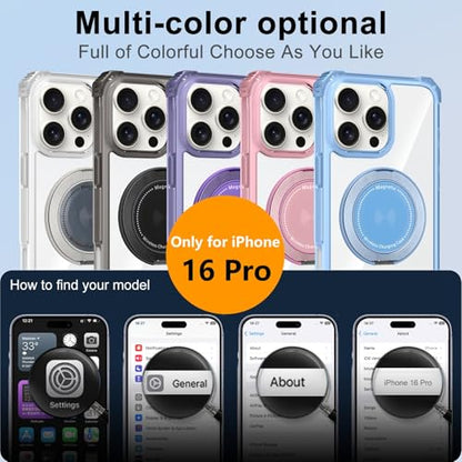 Clear Case for iPhone 16 Pro with Magnetic 360 Rotatable Ring Stand | Military Grade Heavy Duty Cover with 360 Rotatable Ring Kickstand -260417 - color: Clear Black, size: iPhone 16 Pro