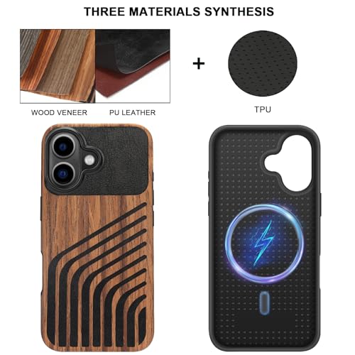 TENDLIN Magnetic Case Compatible with iPhone 16 Plus Phone Case Wood Grain with Carbon Fiber Texture Design Leather Hybrid Slim Cover (Compatible with MagSafe) Hairline - color: Magnetic Hairline, size: iPhone 16 Plus